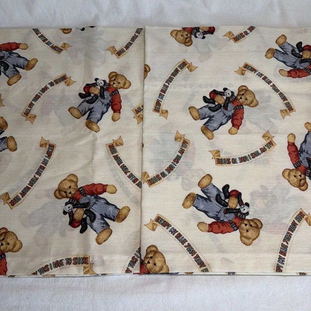 VTG Blue Jean Teddy Bear Valance Curtains set 45
